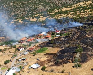 Bolu'da otluk alanda çıkan ve yerleşim yerine ulaşan yangına müdahale ediliyor