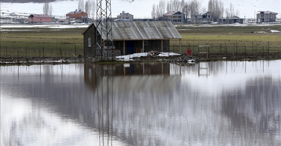 Muş Ovası'nda bazı bölgeler eriyen kar ve sağanak nedeniyle suyla kaplandı