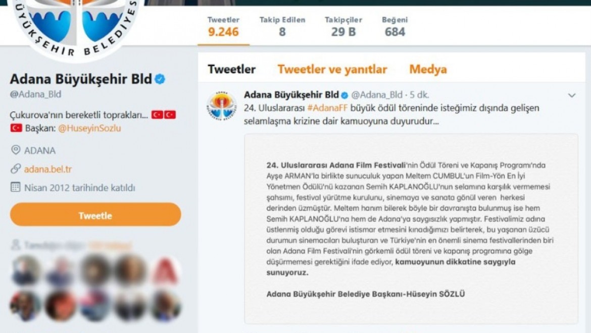 Adana Büyükşehir Belediyesi'nden Meltem Cumbul'a kınama
