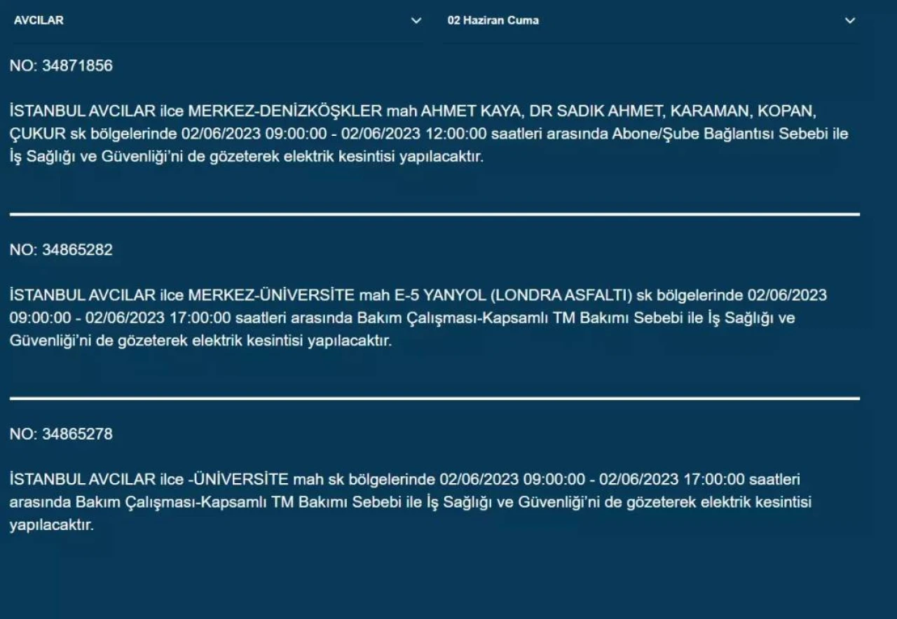 İstanbul'da O İlçelerde Elektrik Kesintisi Var! 02 Haziran 2023 Cuma 23