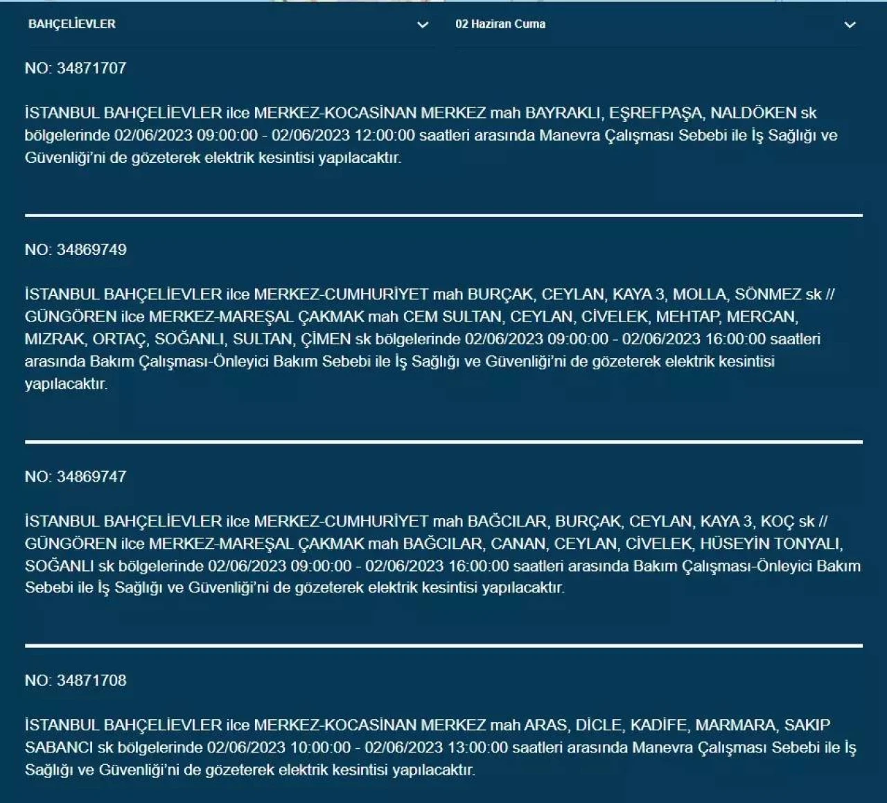 İstanbul'da O İlçelerde Elektrik Kesintisi Var! 02 Haziran 2023 Cuma 21