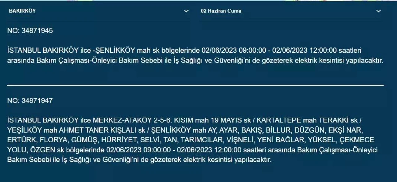 İstanbul'da O İlçelerde Elektrik Kesintisi Var! 02 Haziran 2023 Cuma 22