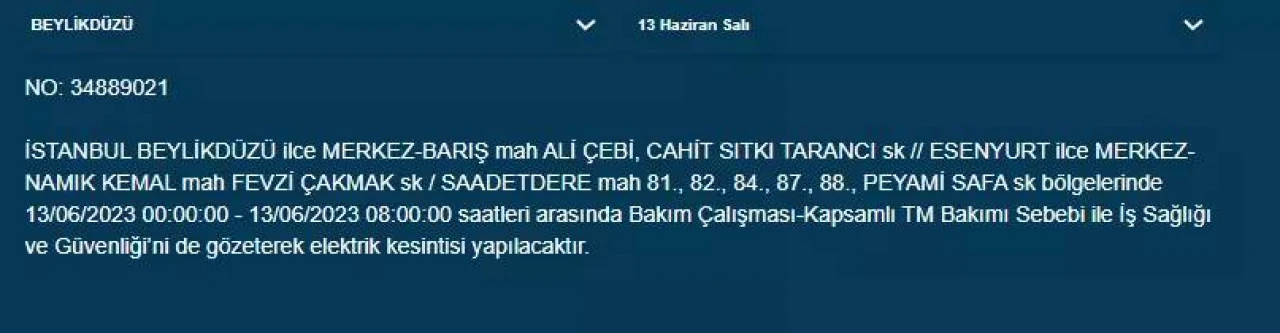 İstanbul'da Yarın O İlçelerde Saatlerce Elektrik Kesintisi Olacak! 13 Haziran 2023 Elektrik Kesintisi 10