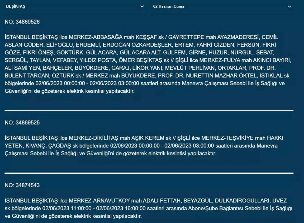 İstanbul'da O İlçelerde Elektrik Kesintisi Var! 02 Haziran 2023 Cuma 17