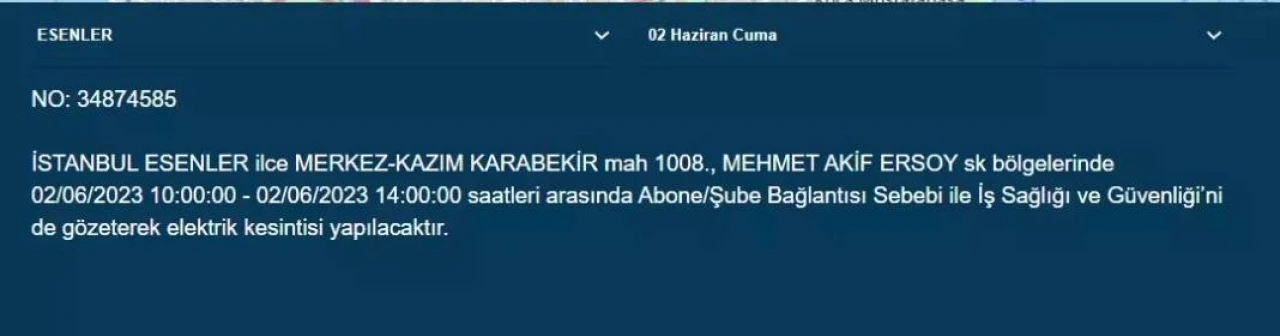 İstanbul'da O İlçelerde Elektrik Kesintisi Var! 02 Haziran 2023 Cuma 12