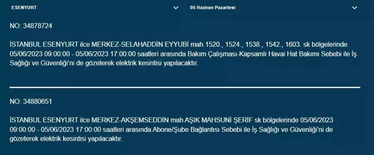 İstanbul'da yarın hangi ilçelerde elektrik kesintisi olacak 9