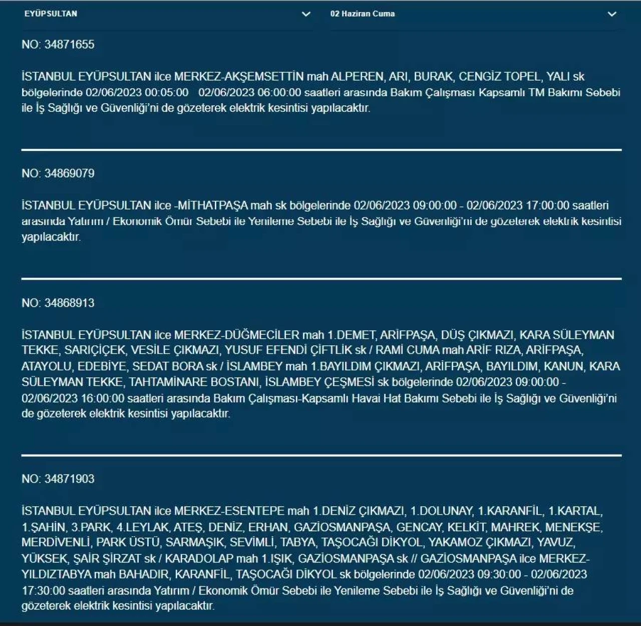 İstanbul'da O İlçelerde Elektrik Kesintisi Var! 02 Haziran 2023 Cuma 8