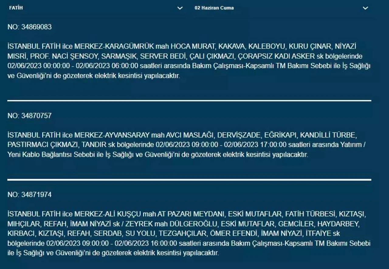 İstanbul'da O İlçelerde Elektrik Kesintisi Var! 02 Haziran 2023 Cuma 9