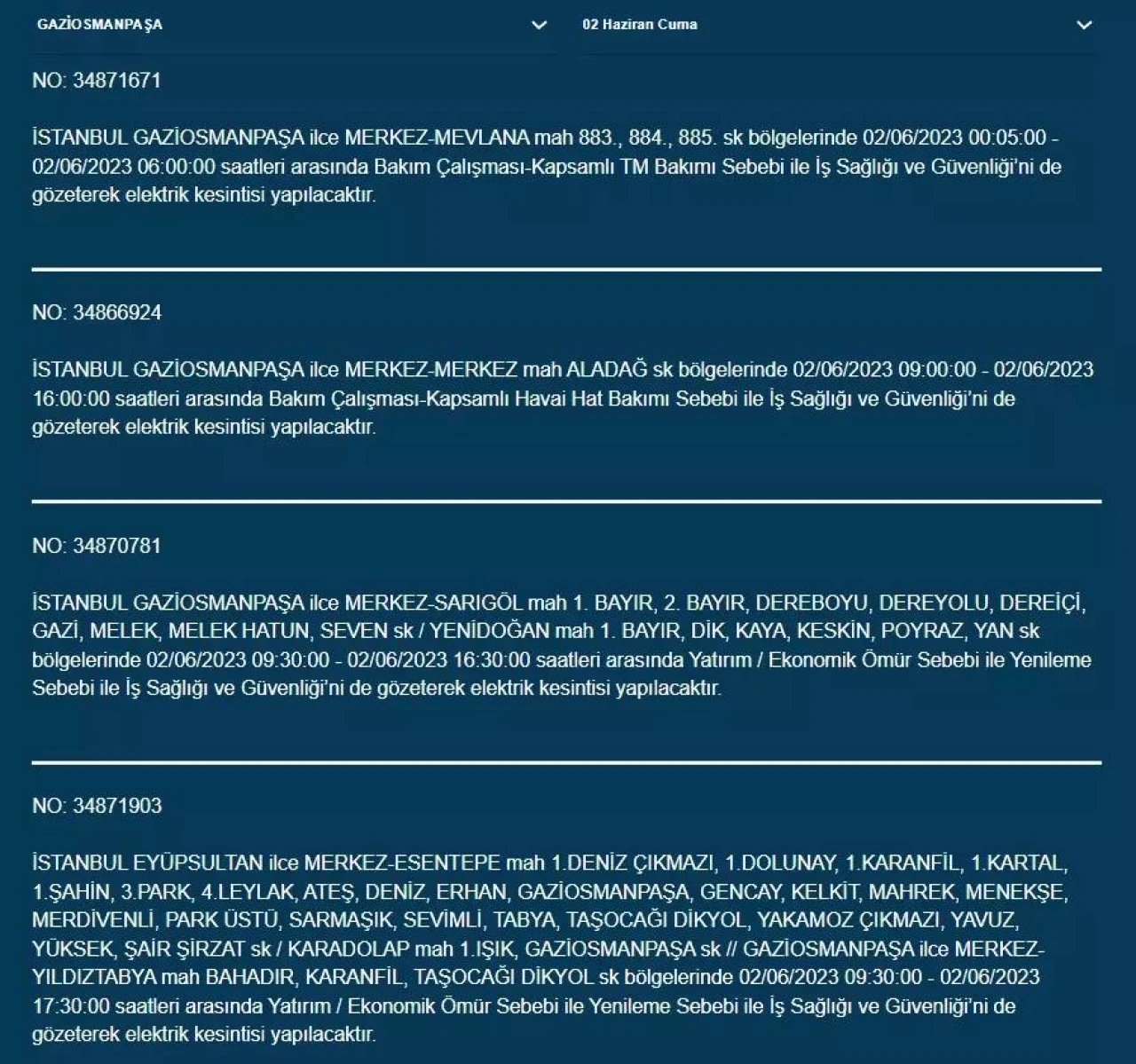 İstanbul'da O İlçelerde Elektrik Kesintisi Var! 02 Haziran 2023 Cuma 7