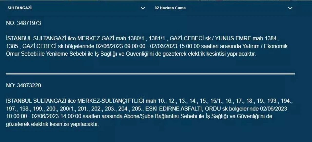 İstanbul'da O İlçelerde Elektrik Kesintisi Var! 02 Haziran 2023 Cuma 2