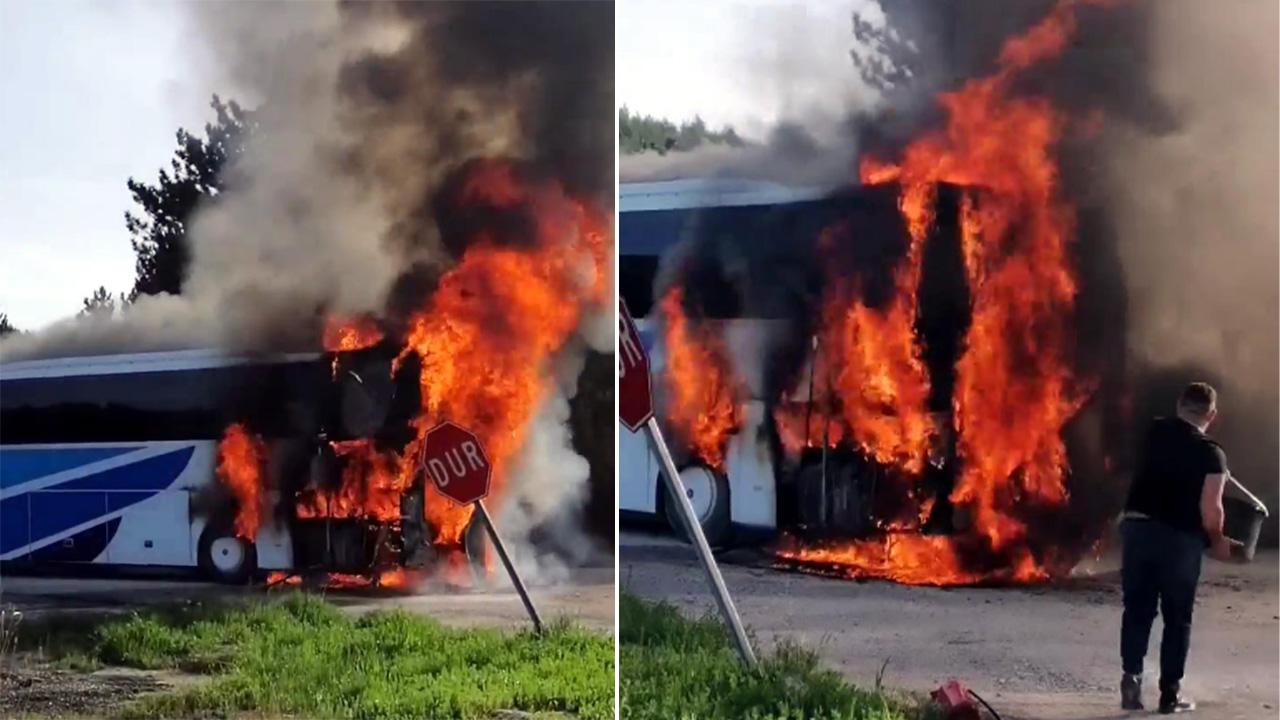 Yolcu otobüsü alev alev yandı