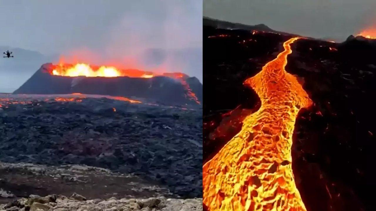 Son uçuşunu yapan drone, patlayan yanardağı görüntüledi