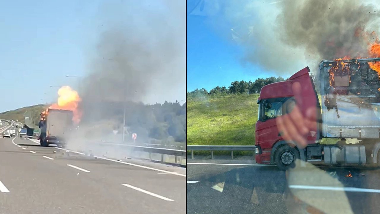 Kuzey Marmara Otoyolu'nda trafiği kilitleyen olay: TIR alev alev ilerledi