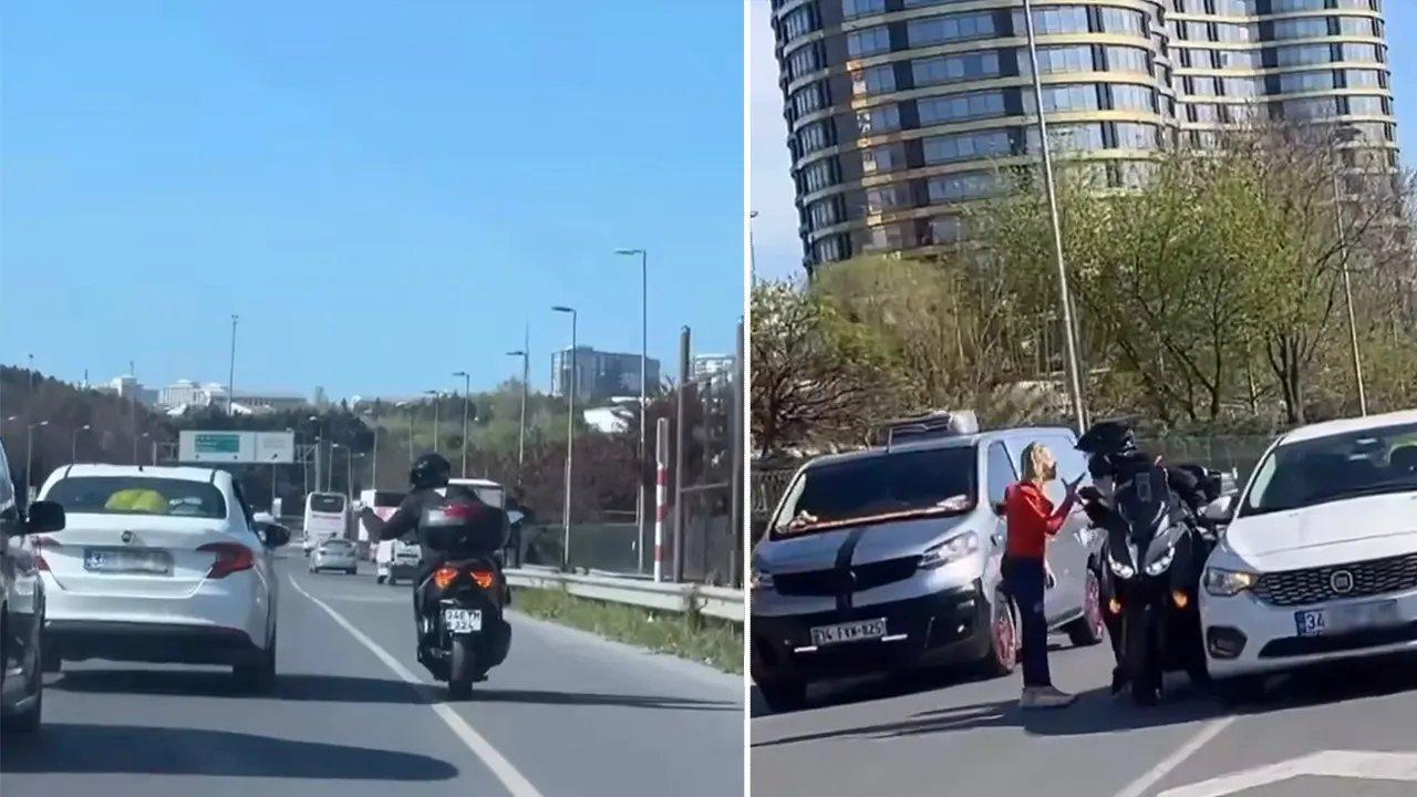 Motosikletli ile otomobilin yol verme tartışması!