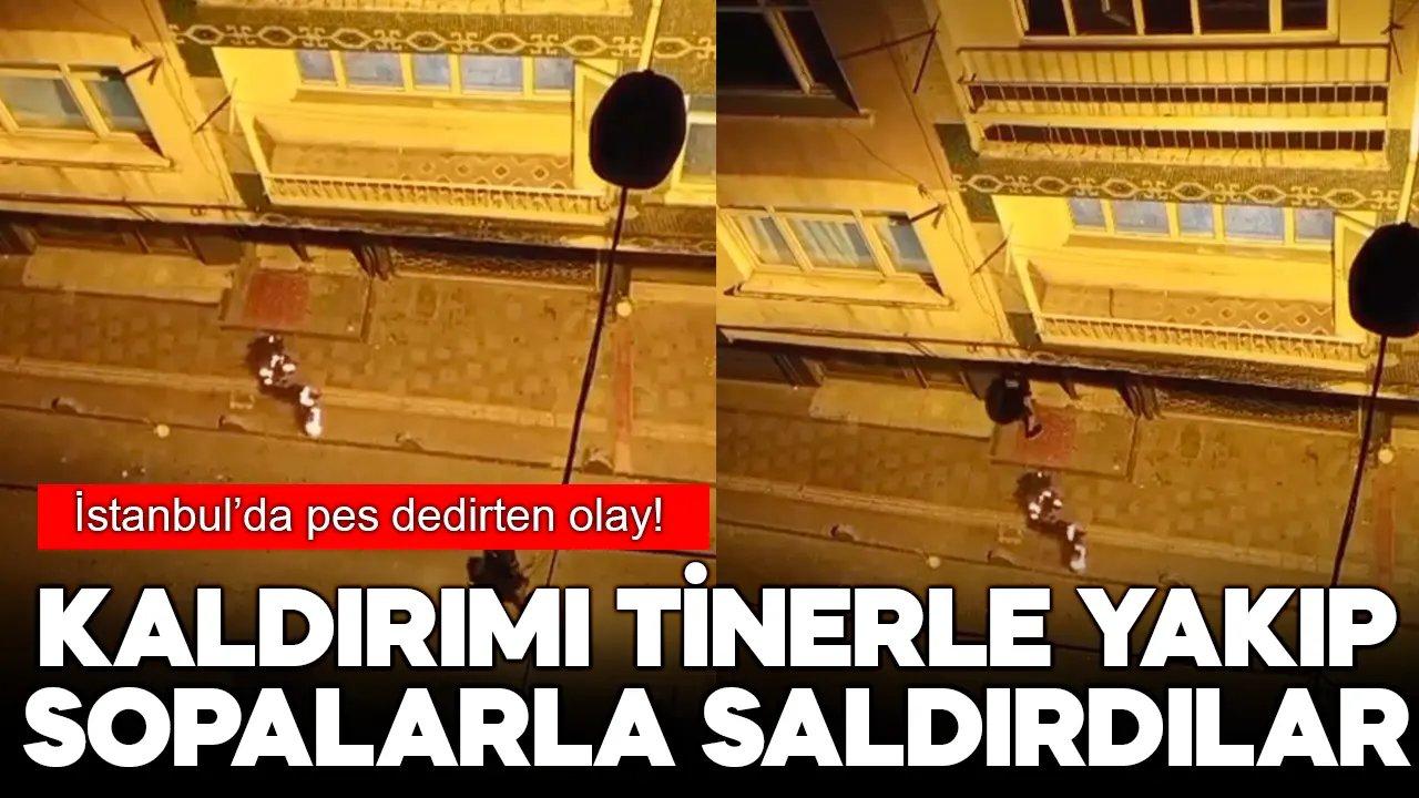 Esenler'de pes dedirten olay! Kaldırımı tinerle yakıp, sopalarla saldırdılar