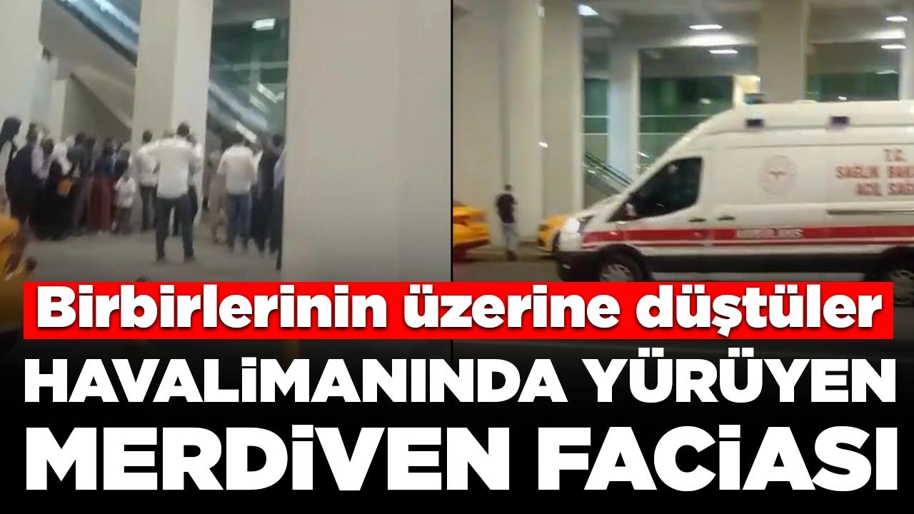 Havalimanında yürüyen merdiven kazası: Birbirlerinin üzerine düştüler