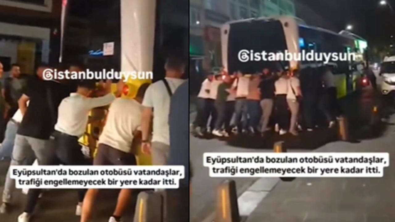 İETT otobüsü yolda arıza yaptı, vatandaşlar iterek götürdü