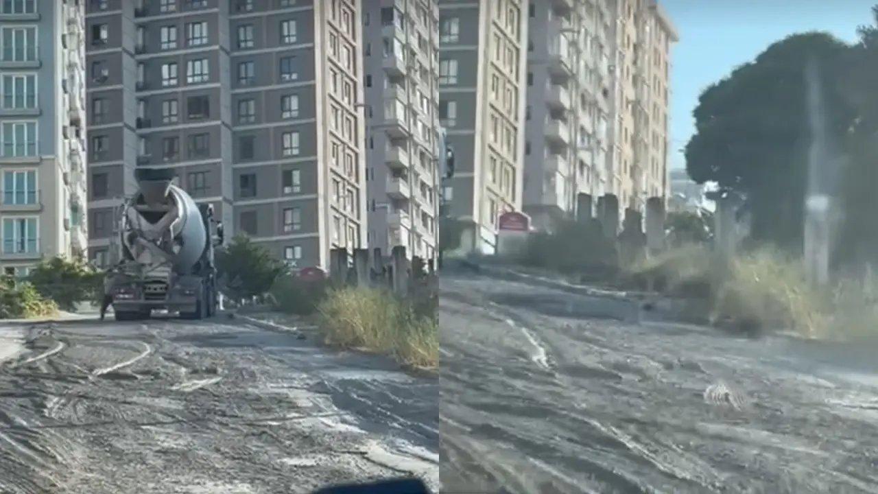 Beton mikseri sokağa harç dökerek ilerledi, yol kullanılamaz hale geldi