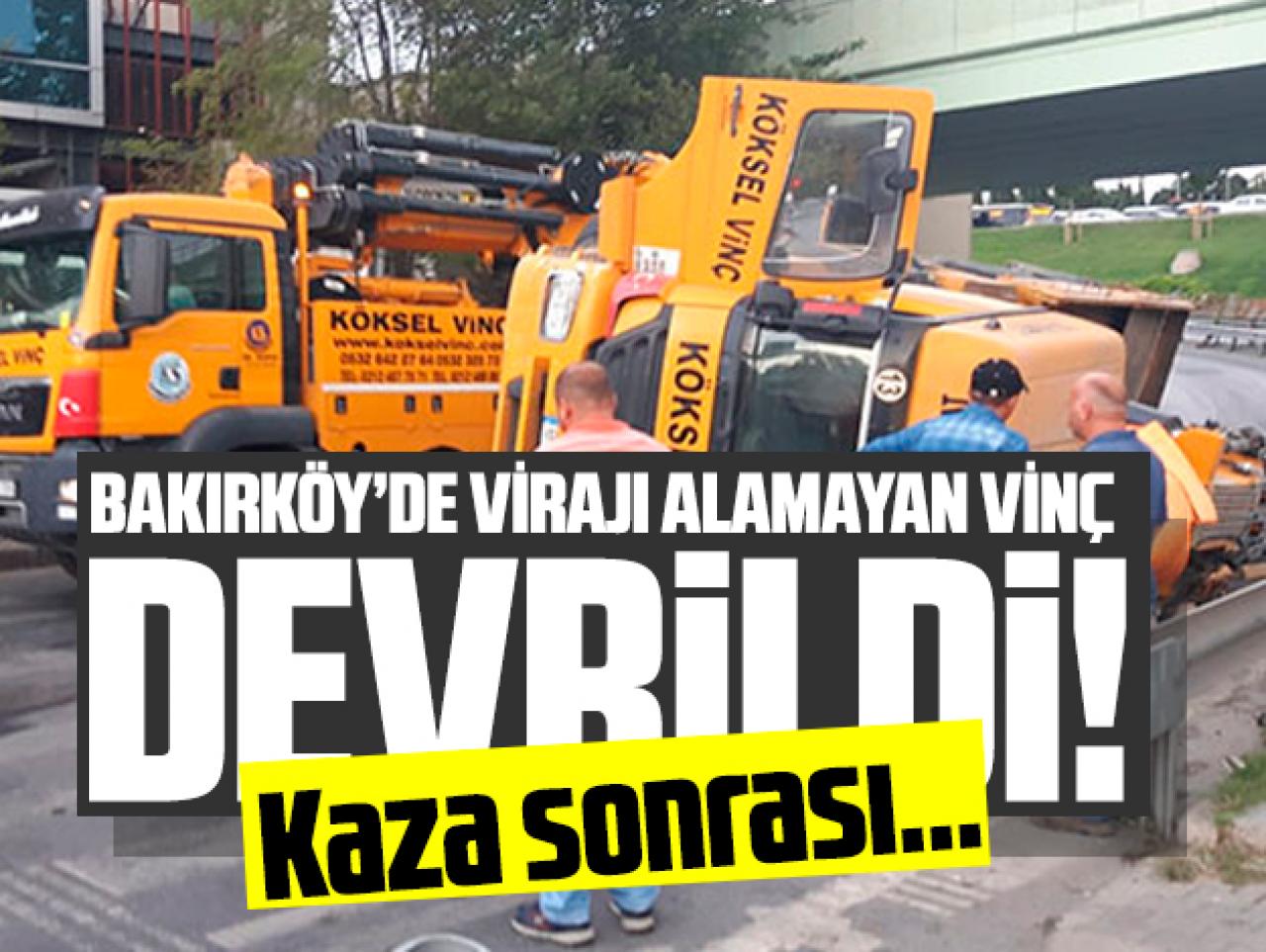 Virajı alamayan vinç devrildi! 1 yaralı...