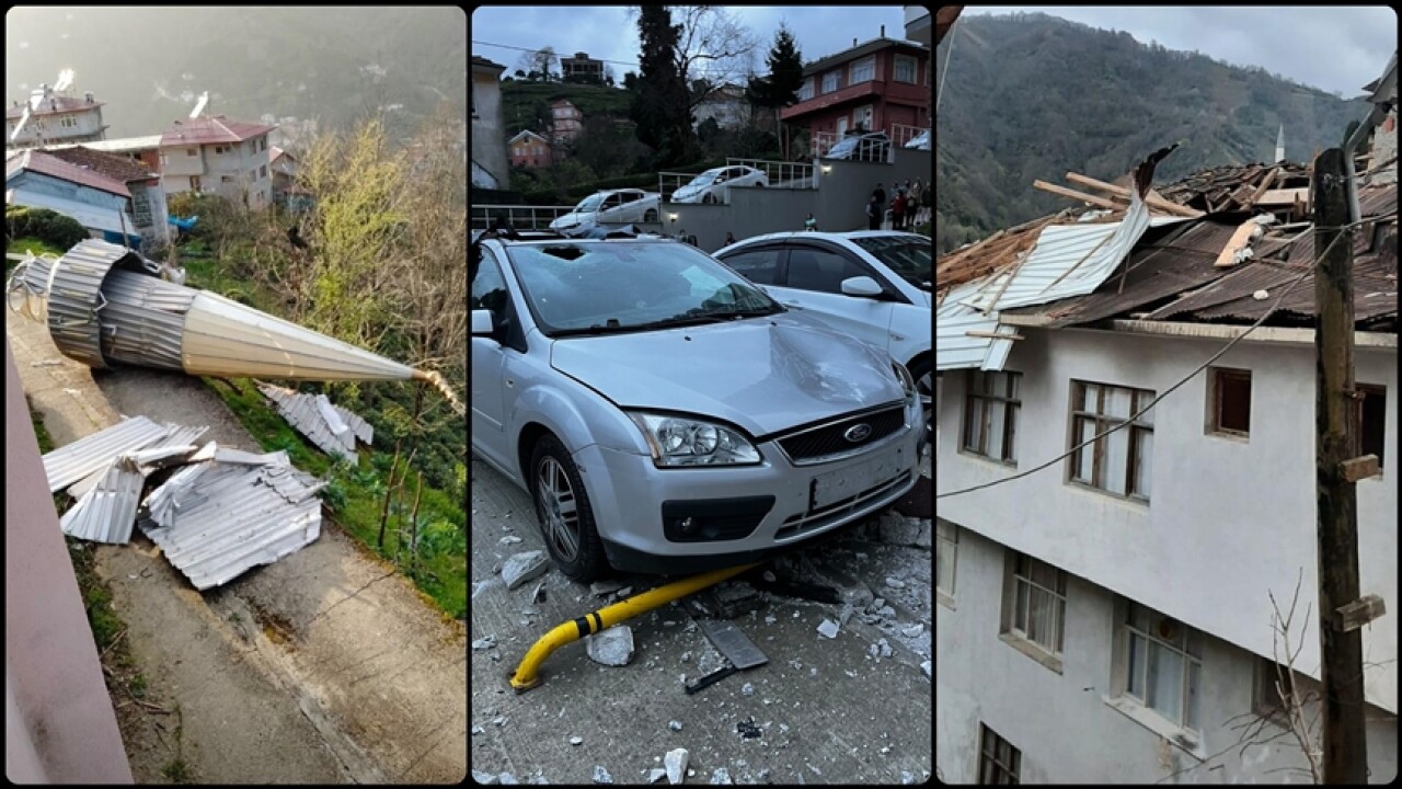 Rize'de fırtına çatıları uçurup araçlar, ağaçlar, duraklar ve tabelalara zarar verdi