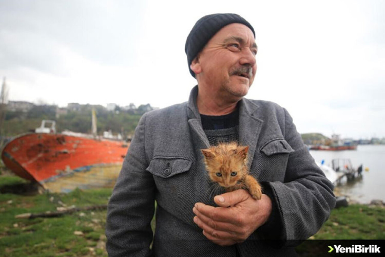 Taşkın bölgesinde ıslanan kedi yavrusunu ceketinde ısıttı