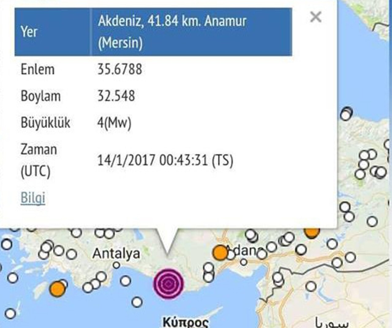 Akdeniz'de 4.3 büyüklüğünde deprem