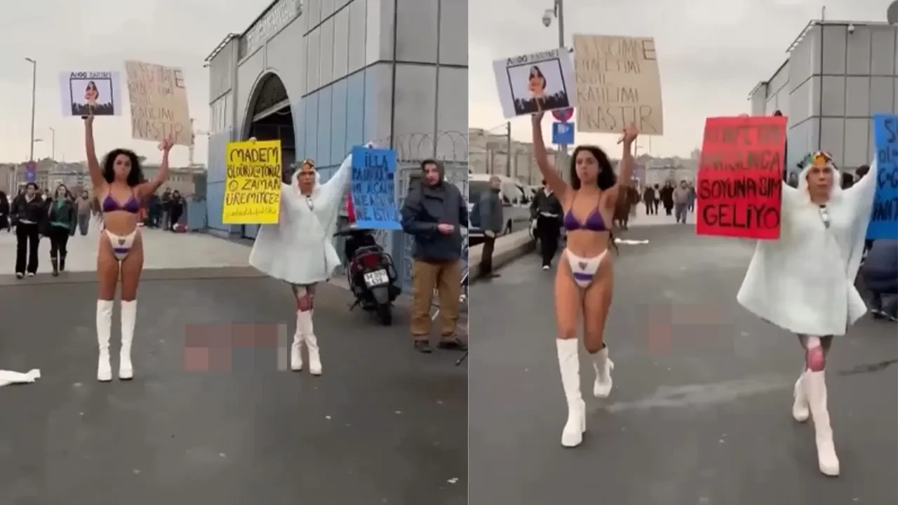 Galata Köprüsü'nde bikinili protesto: Kadın cinayetlerine dikkat çekti!