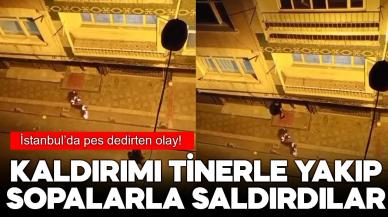 Esenler'de pes dedirten olay! Kaldırımı tinerle yakıp, sopalarla saldırdılar