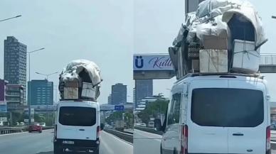 İstanbul'da güvenli taşımacılık! Servis aracının üstüne koyduğu yükle trafiği tehlikeye soktu