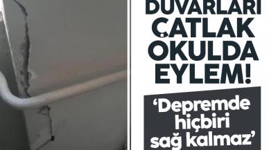 Gaziosmanpaşa'da duvarlarında çatlaklar bulunan okul önünde eylem