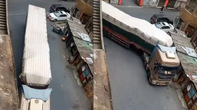 TIR şoförünün dar yoldaki tek başına yaptığı manevralar nefes kesti!