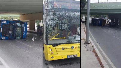 Bakırköy'de üst geçide çarpan TIR, İETT otobüsünün üzerine devrildi: Yaralılar var