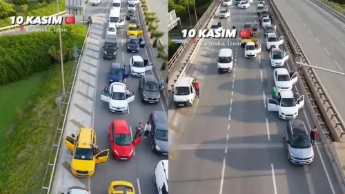 Karşıyaka'da saat 09:05'te sürücüler Ata'yı andı, muhteşem manzara dronla kaydedildi