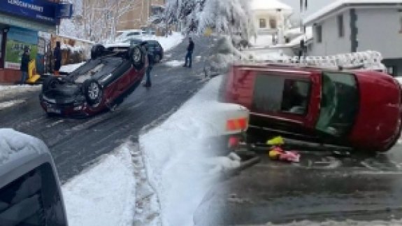 Sarıyer'de korku dolu anlar! Takla atan otomobilden yara almadan kurtuldular