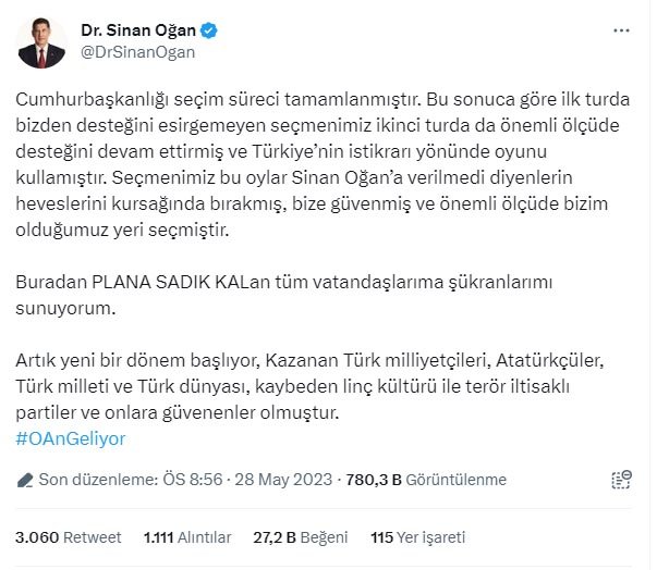 Sinan Oğan: Seçmenimiz bizim olduğumuz yeri seçmiştir