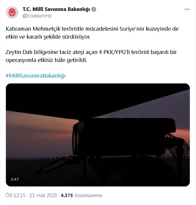 Milli Savunma Bakanlığı 4 teröristin etkisiz hale getirildiğini açıkladı