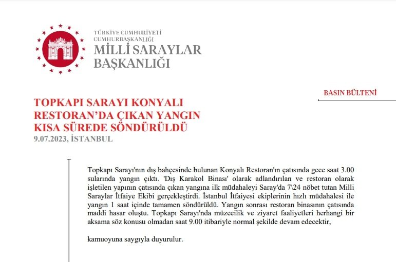 Milli Saraylar Başkanlığı'ndan Topkapı Sarayındaki yangınla ilgili açıklama geldi