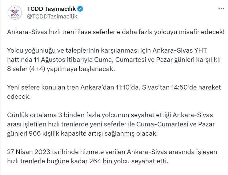 Ankara-Sivas hızlı tren hattında sefer sayısı artıyor