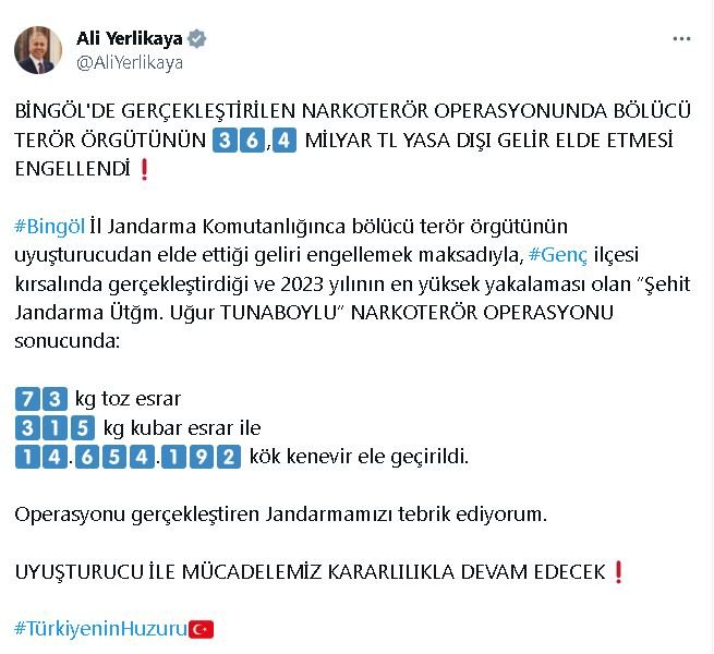 Bakan Yerlikaya: Yılın en yüksek miktarı! Bingöl'de uyuşturucu operasyonu...