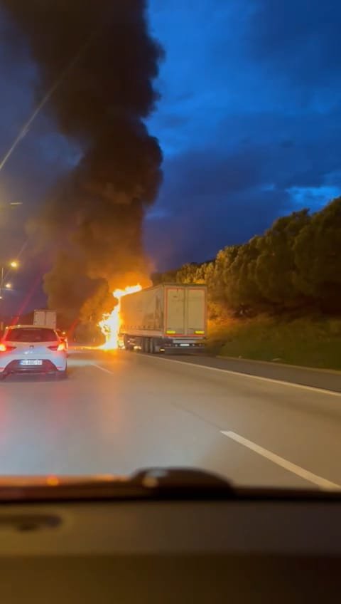 İçinde tekstil ürünleri bulanan TIR alev alev yandı