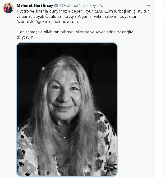 Mehmet Nuri Ersoy'dan Ayla Algan'ın yakınlarına başsağlığı diledi