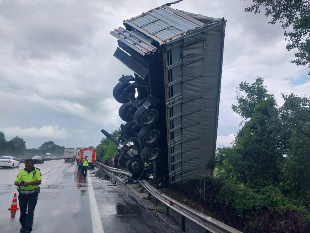 Sakarya'da canlı hayvan yüklü TIR köprüde asılı kaldı!