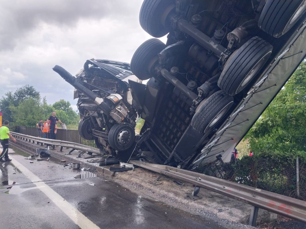 Sakarya'da canlı hayvan yüklü TIR köprüde asılı kaldı!