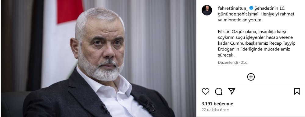 Fahrettin Altun, Instagram'ın yeniden açılmasının ardından Haniye'yi andı