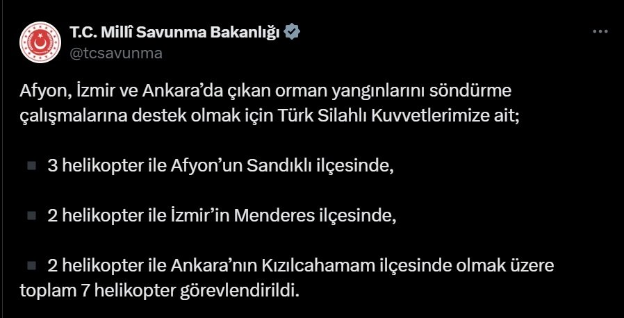 MSB 3 kentteki yangın için 7 helikopter görevlendirdi