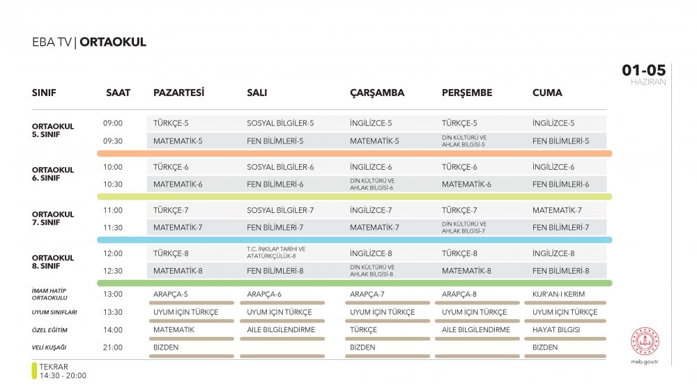 EBA TV 1 Haziran Pazartesi ortaokul ders programı