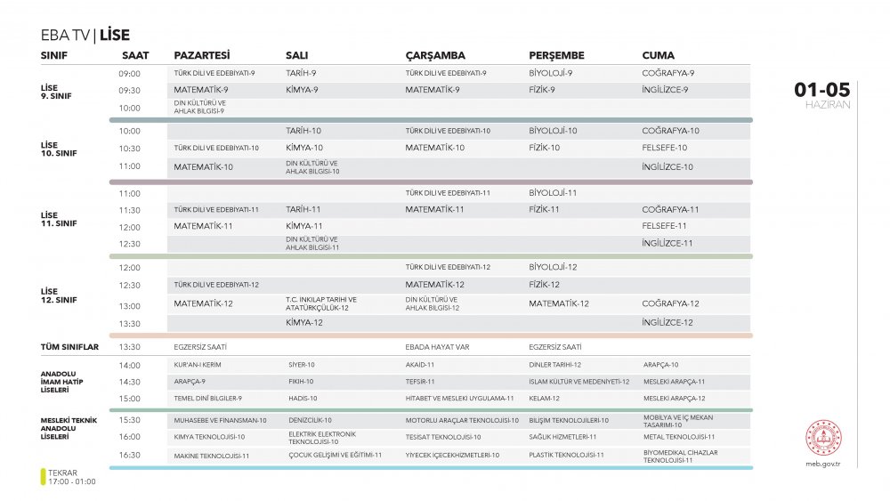 EBA TV 1 Haziran Pazartesi lise ders programı