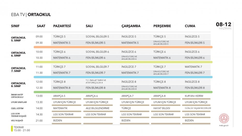 EBA TV 8 Haziran Pazartesi ortaokul ders programı