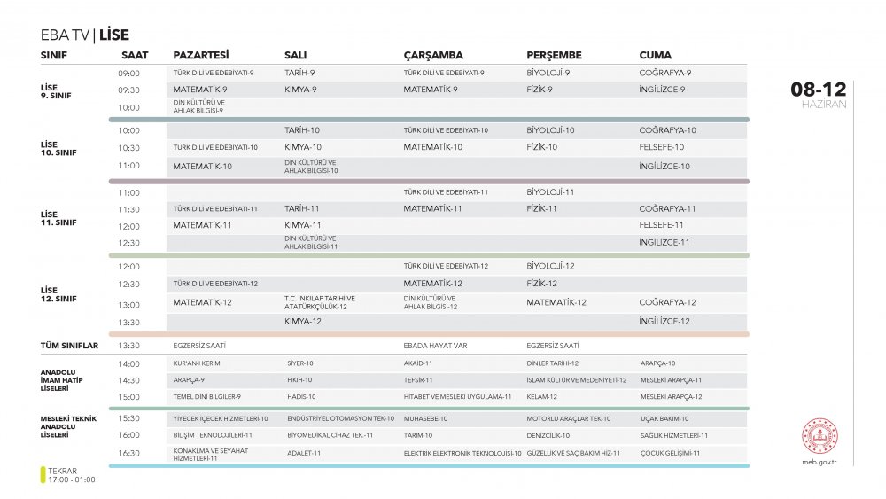 EBA TV 8 Haziran Pazartesi lise ders programı