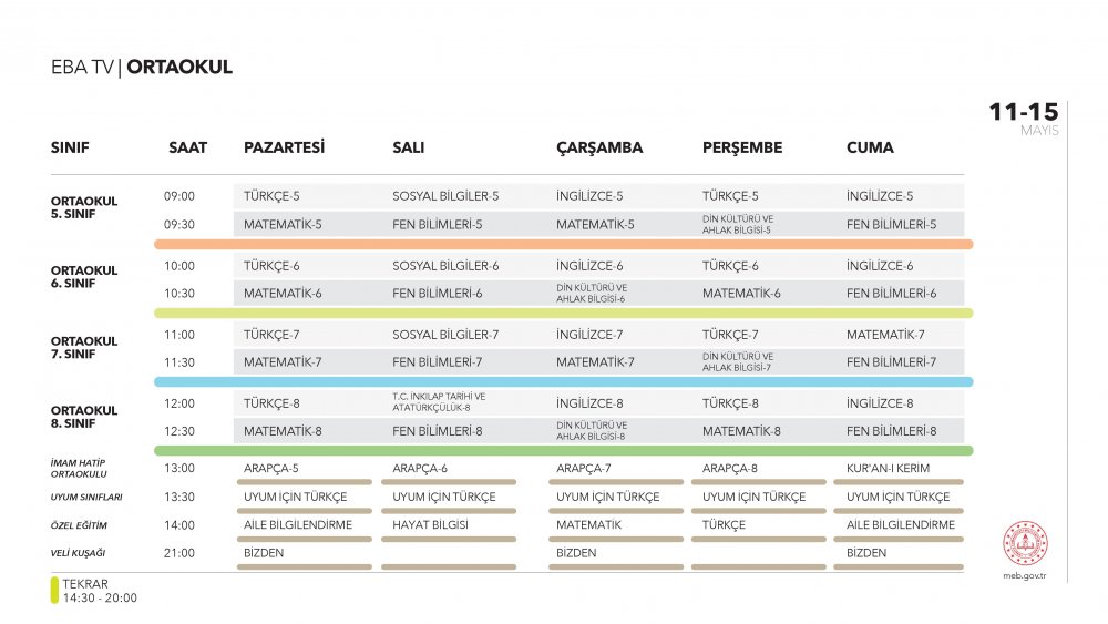 EBA TV 15 Mayıs Cuma ortaokul ders programı